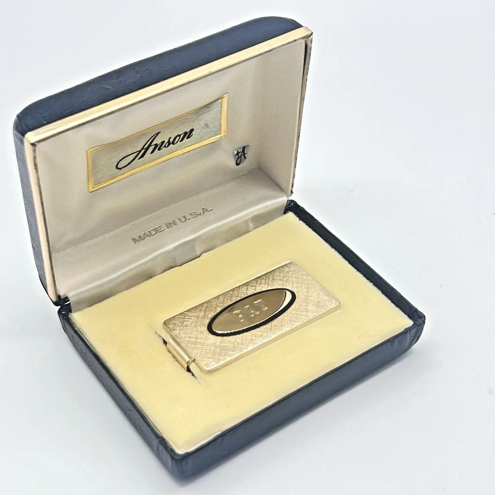 Vintage Anson Money Clip Gold Tone PAT Monogram Textured Finish W/ Original Box